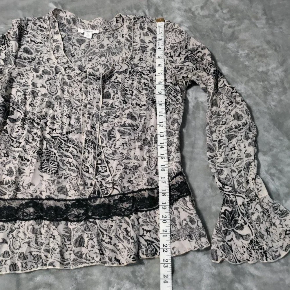 Dressbarn Faux Lace Print Bell Sleeve Semi Sheer Blouse Womens Size M